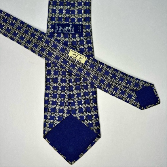 Authentic HERMES 7092 OA Luxury Classic Silk Blue French Geometric Tie - Picture 5 of 8